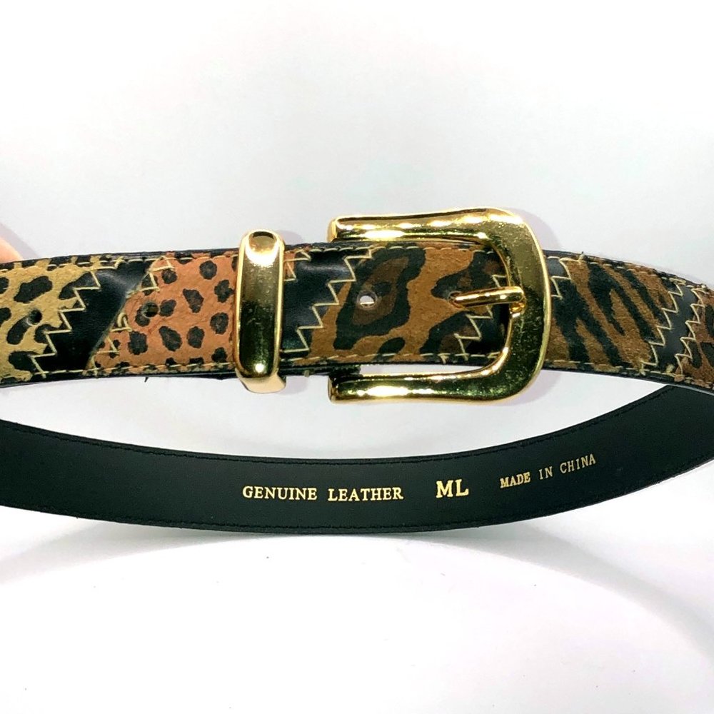 Genuine leather animal print 36" belt creatively stitched with gold tone buckle